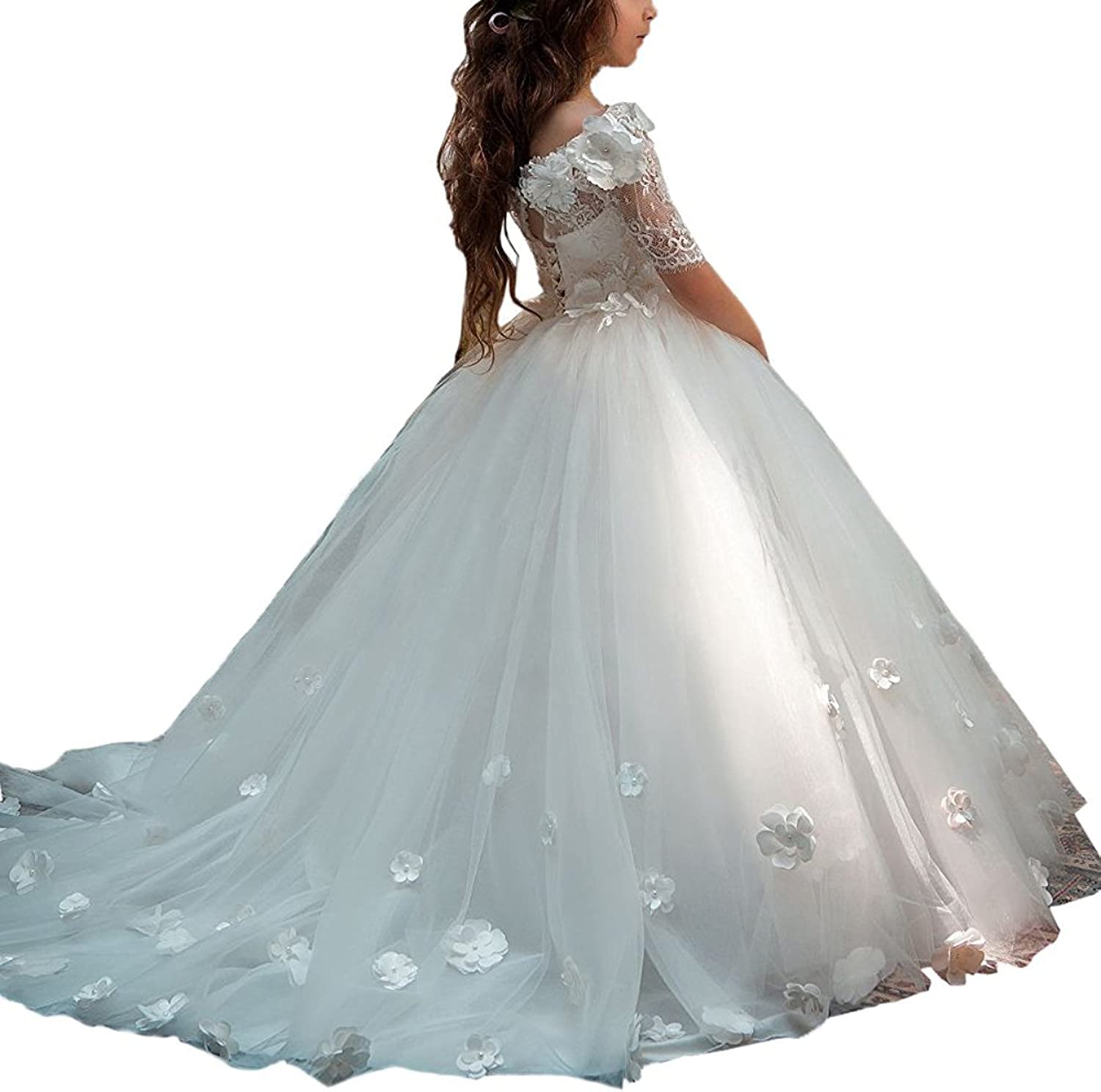 Vestidos de niña de Las Flores de Encaje para la Boda Vestidos de Primera comunión de Manga Corta con Hombros Descubiertos Vestido Formal de Fiesta para niñas