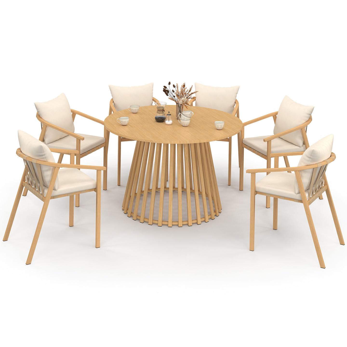 IDMarket - Salon de Jardin SOLAL Table Ronde 120 cm avec Pied Lattes en métal et 6 chaises de Jardin avec lanières et Coussins Beiges