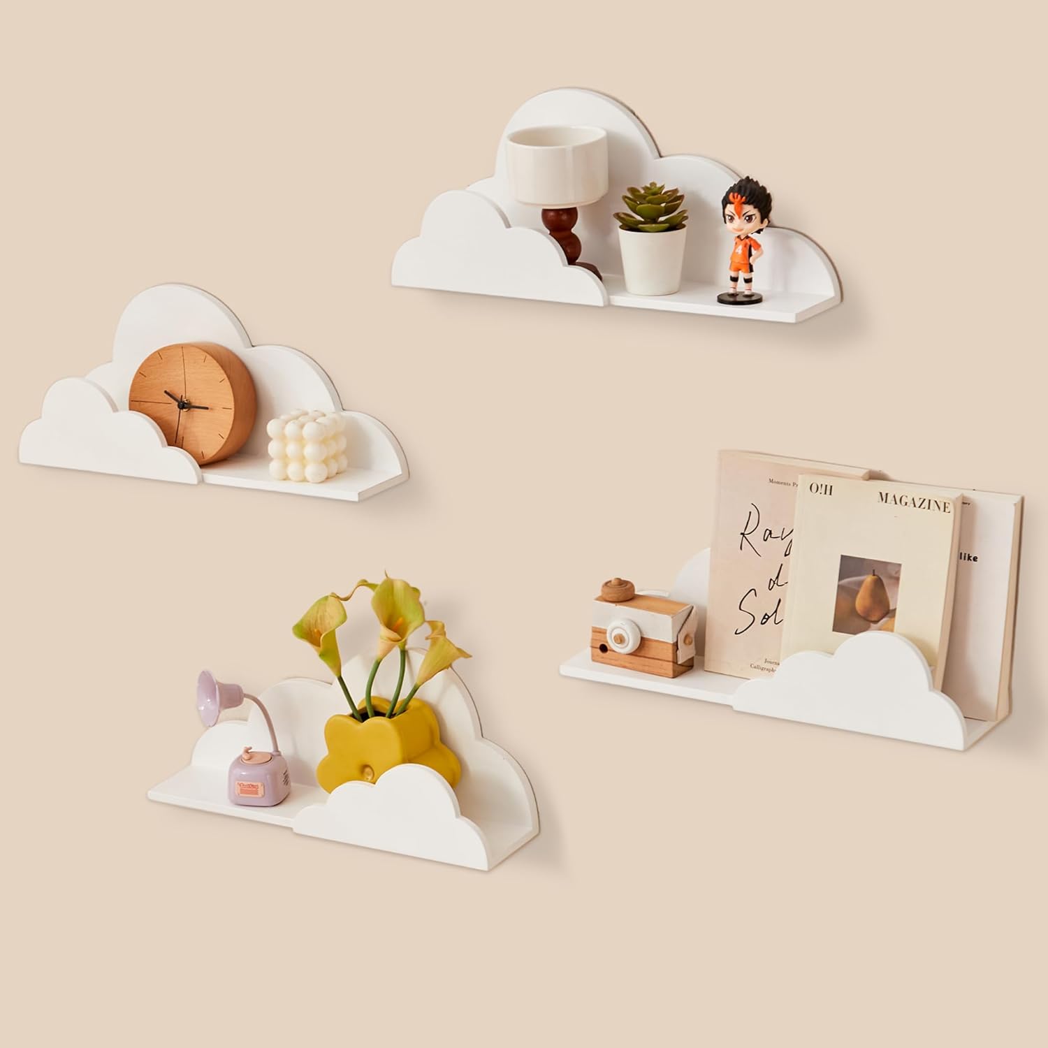 Cloud Floating Book Shelves, 2-Pack Wood Nursery Book Shelves for Wall, Modern Decor Wall Shelves, Kids Bookshelf for Toys, Plants & Storage, Toddler Room, Nursery Decor Storage(White-2 Pack)