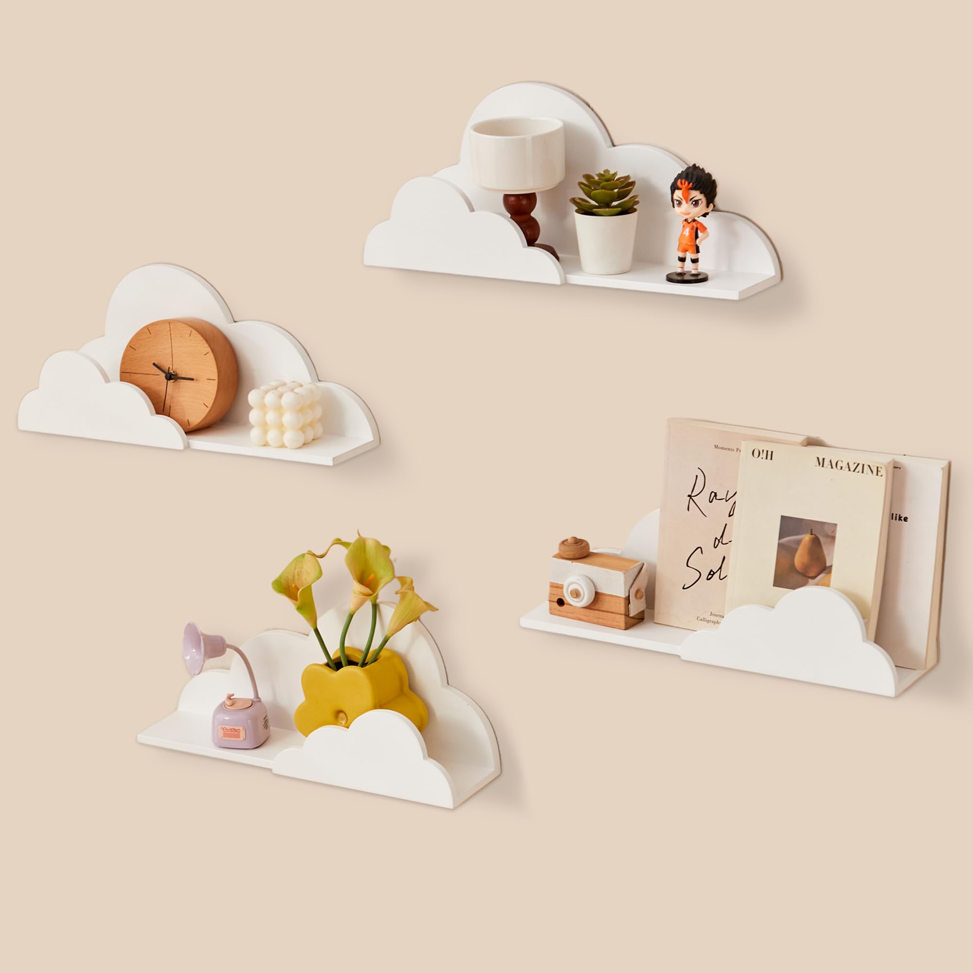 Cloud Floating Book Shelves, 4-Pack Wood Nursery Book Shelves for Wall, Modern Decor Wall Shelves, Kids Bookshelf for Toys, Plants & Storage, Toddler Room, Nursery Decor Storage(White)