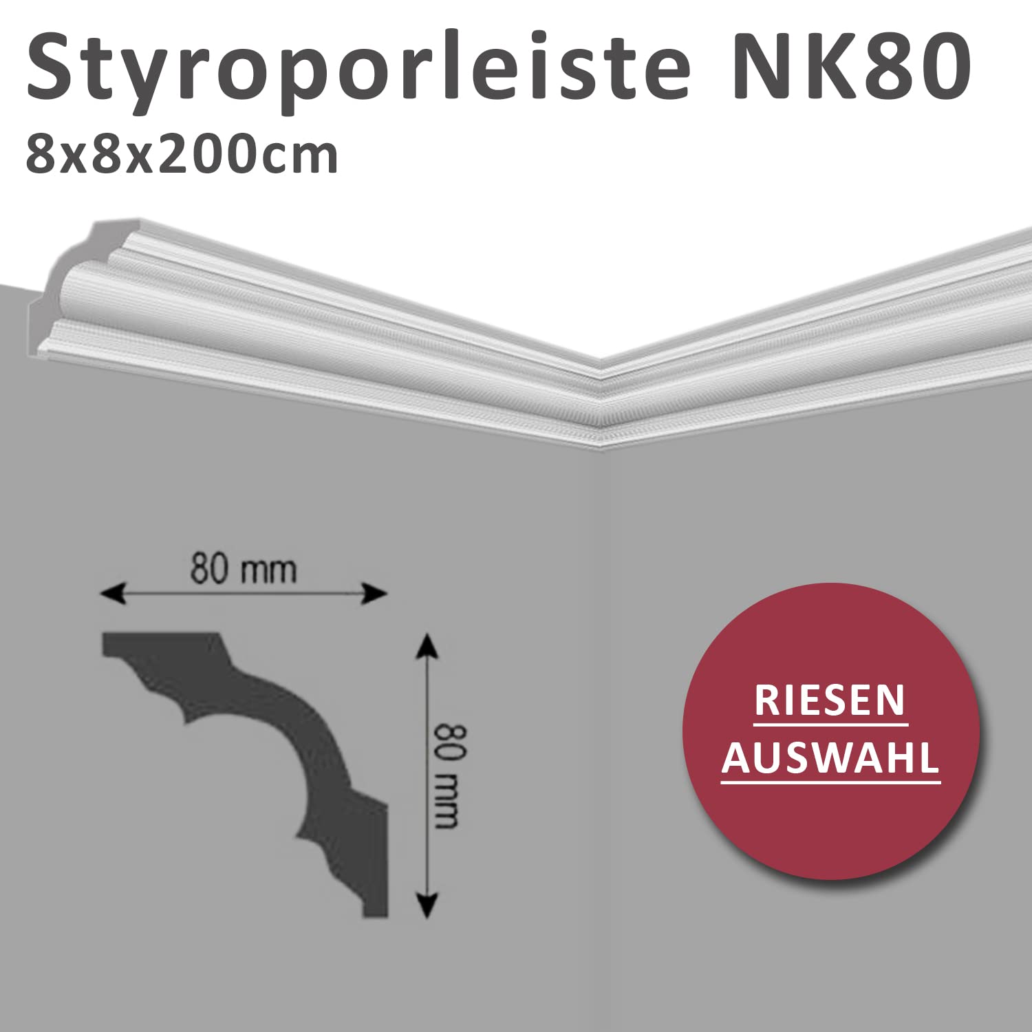 Molduras de techo de poliestireno XPS de 4 metros, 80 x 80 mm, color blanco, perfil decorativo de poliestireno NK80, paquete económico
