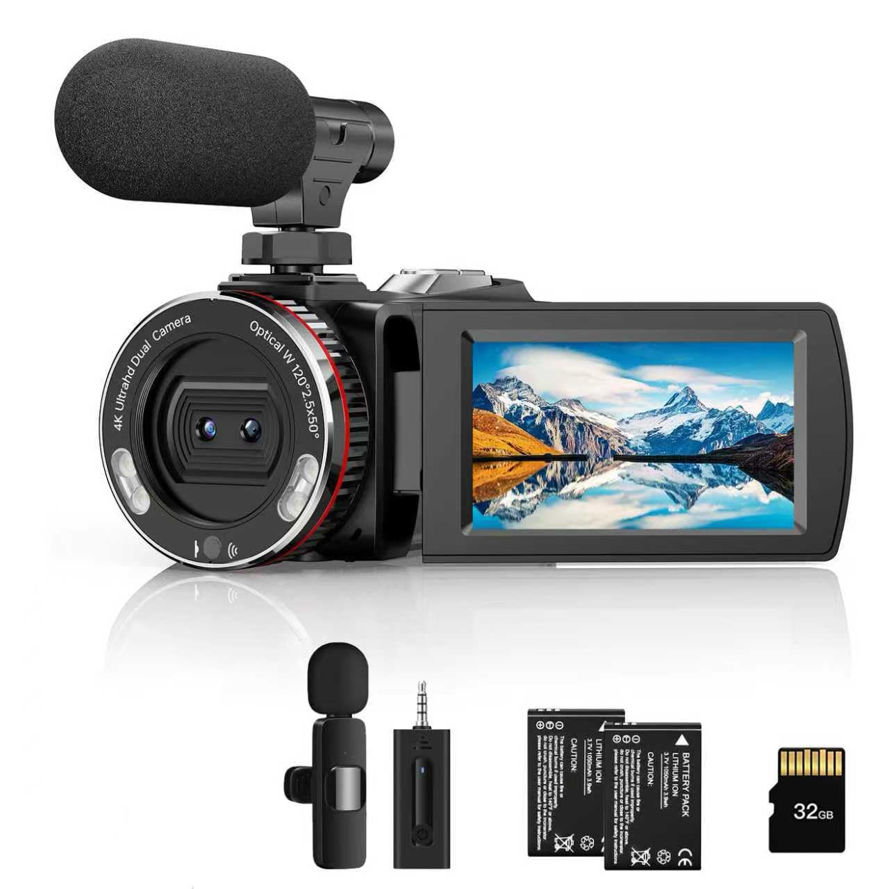 Video Camera, Camcorder 4K, 64MP 30FPS Dual Lens Camera with Wireless Mic for Vlogging YouTube, Ultra HD 3 Inch Screen 21X Digital Zoom, Video Recorder Camera with 64GB SD Card