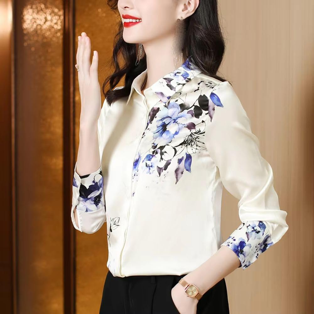 JYHBHMZG Chemisier vintage à manches longues en satin de soie avec imprimé floral pour femme