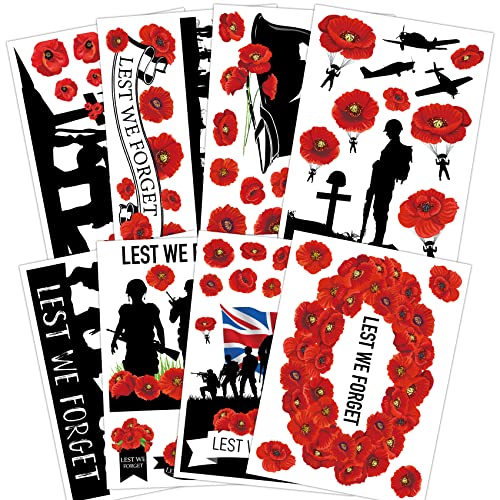 RMMD Remembrance Day Window Stickers and Decorations - Poppy Window Clings 8 Sheets - Lest We Forget Glass Sticker for Remembrance Day