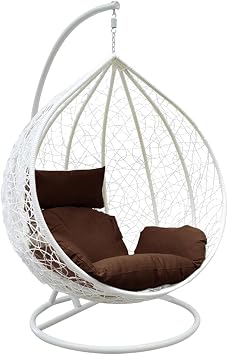 Rattan Swing Egg Chair | Holywarm Garden Swing Chair with Cushion | Indoor Outdoor Hanging Chair with Stand | Hammock Egg Chairs for Garden Bedroom Balcony White Egg Chair + Brown Cushion