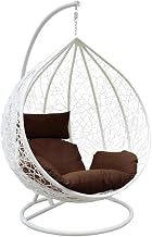Rattan Swing Egg Chair | Holywarm Garden Swing Chair with Cushion | Indoor Outdoor Hanging Chair with Stand | Hammock Egg Chairs for Garden Bedroom Balcony (White Egg Chair + Brown Cushion)