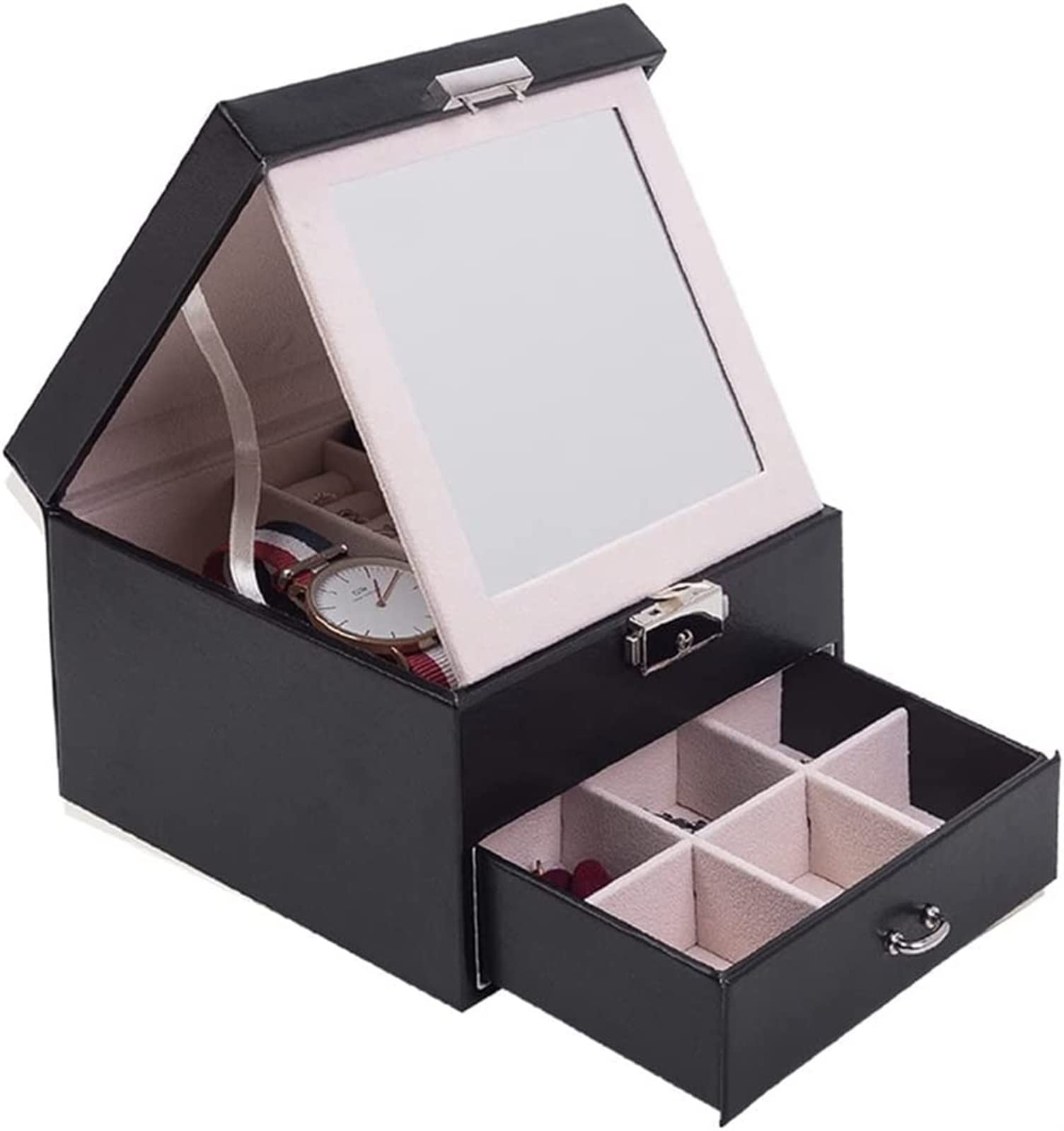 TIANQIHAO Flashing Leather Jewelry Box Storage Box With Drawer Lock Large Mirror Women Storage Jewelry Box,C