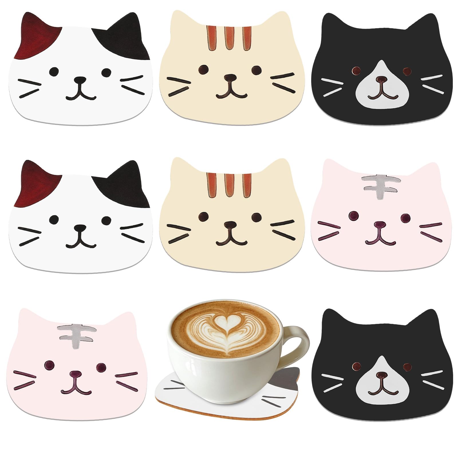 AOOWU Cute Kitten Coasters, 8 Pack Drink Coasters, Non Slip Cat Shaped Coaster Set, Perfect House Warming Gifts for Cat Lover, Drink Coaster Gifts for Coffee Table Desk Dining Room Tabletop Protection