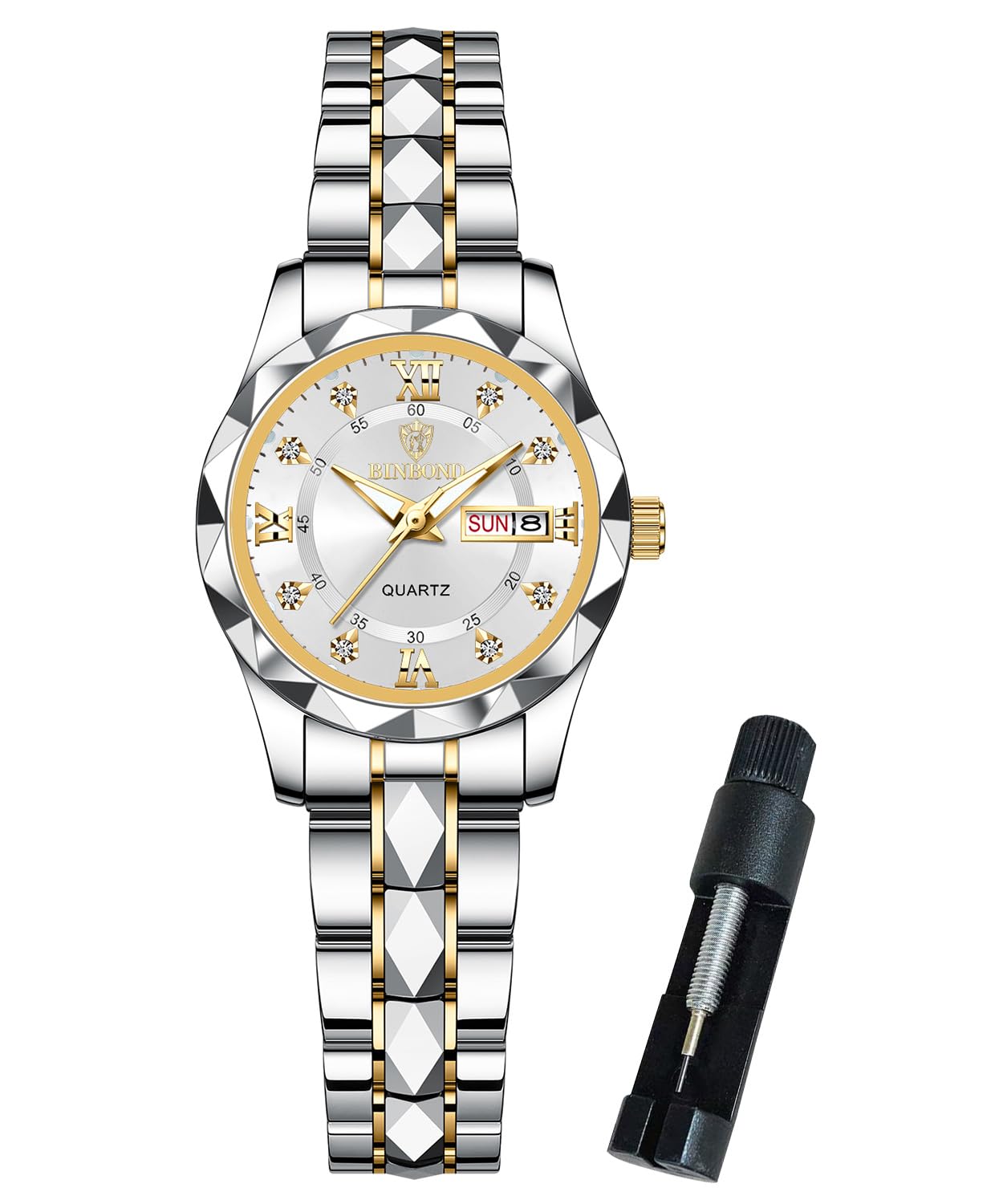 Quartz Women Watches White Face Small Wrist Stainless Steel Woman Watches Date Day Analog Two Tone Ladies Watch Dress Elegant Diamond Watch for Women Waterproof Roman Number Luminous-image-24