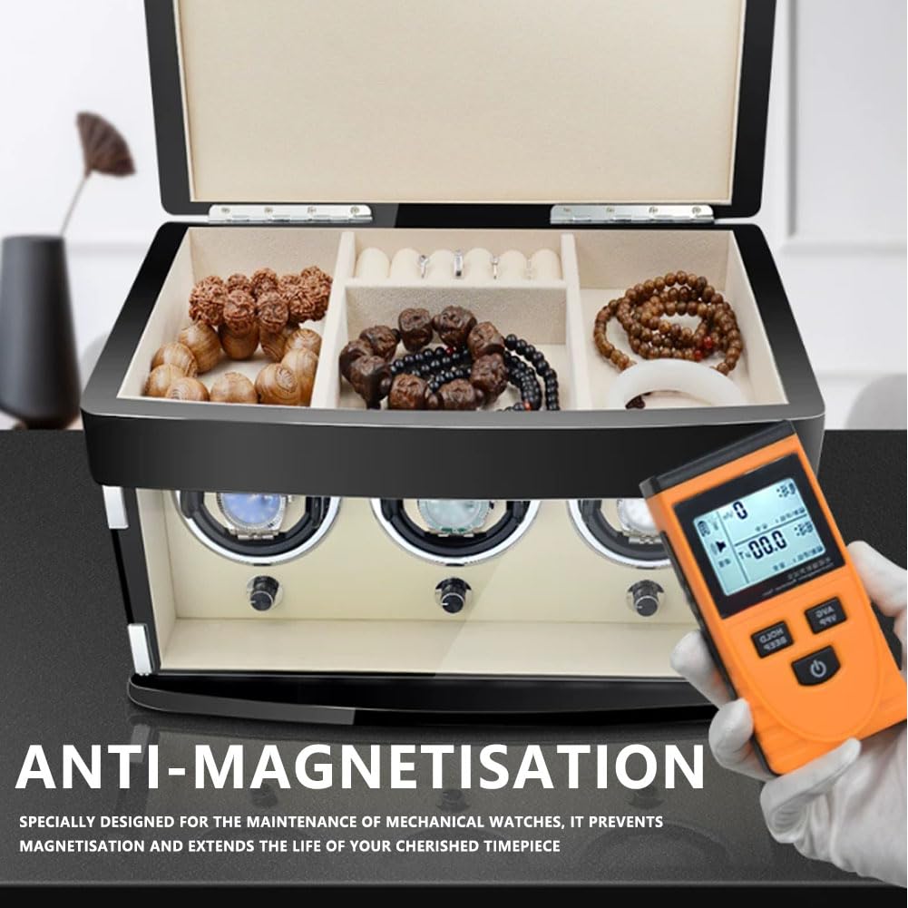 Relojero Automatico, Caja Relojes Almacenamiento en Altura Black 6 Slots | 10dB Cristal Templado Capacidad de Almacenamiento Protección Contra La Magnetización Pantalla Táctil Lcd
