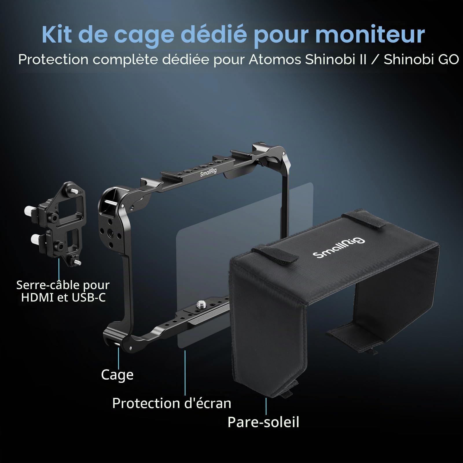 SMALLRIG Kit de Cage de Moniteur pour Atomos Shinobi II, avec Pare-Soleil, avec Protection d'Ecran, Pesant Seulement 96,3 g, avec Trous filetés 1/4"-20-5030