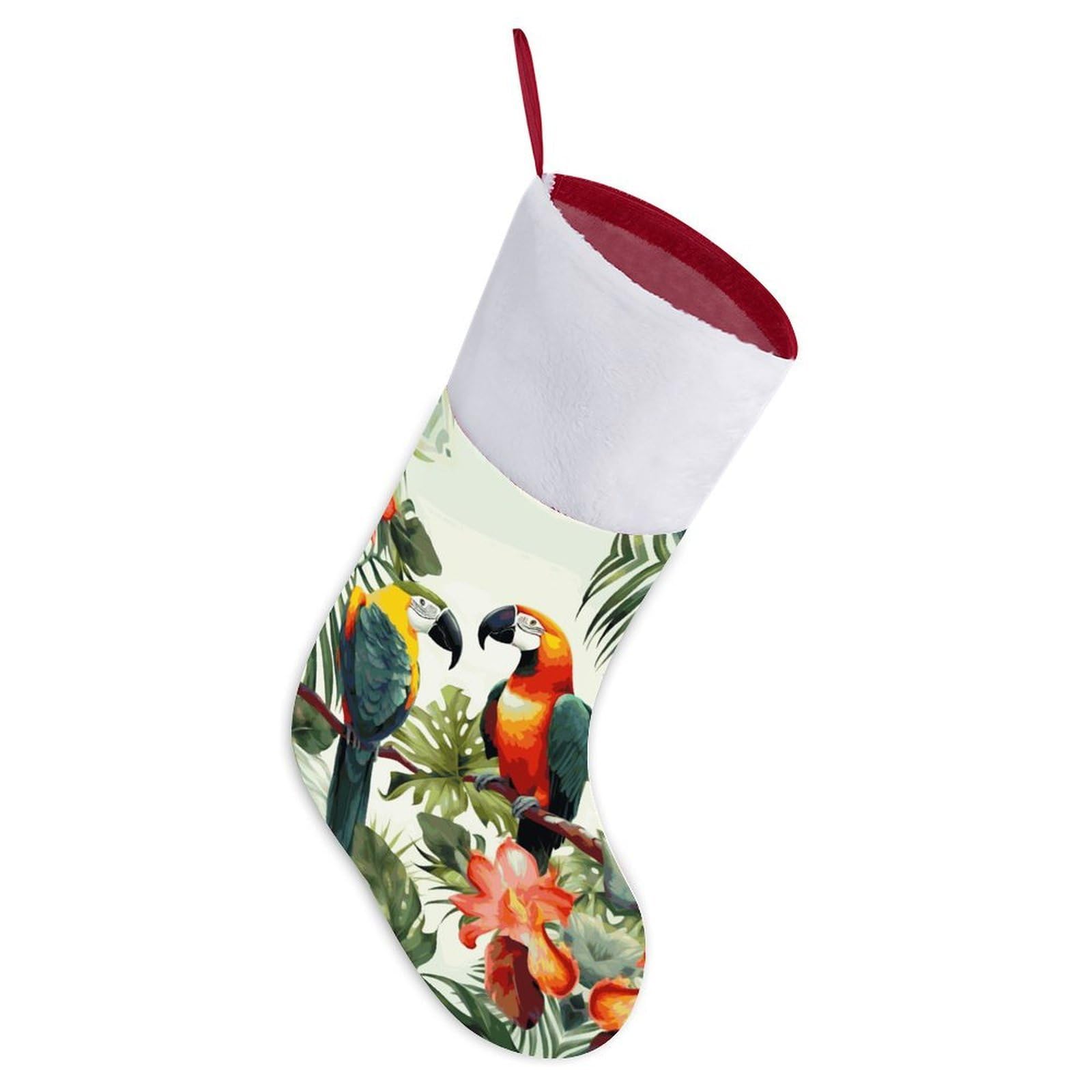 Toucans Parrot Palm Tree Leaves Christmas Stocking Comfortable Super Soft Plush Cuff Christma Stocking Xmas Eve Party Fireplace Tree Gift Decoration Socks for Family Holiday Party Gifts