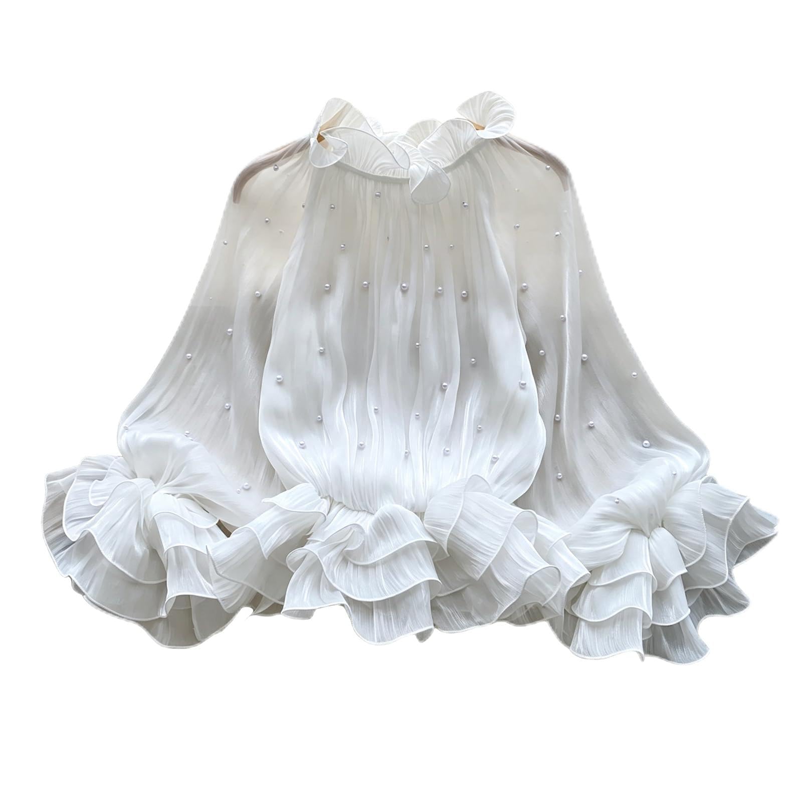 Bluse da donna autunnali con volant, top a manica lunga, decorazione con perle, polsini arricciati e colletto con volant
