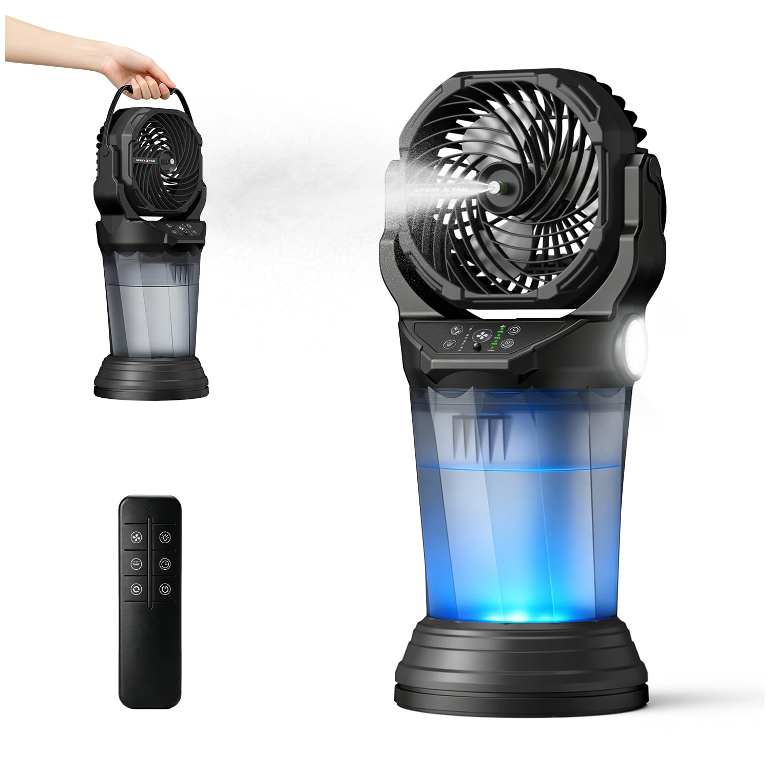 yAyusi 2L Portable Misting Fans for Outside with RGB Light Flashlight,120° Oscillation Rechargeable Portable Misting Fan with Remote,4 Speed 2 Spray Misting Fans for Outside/Cooling/Camping/Golf