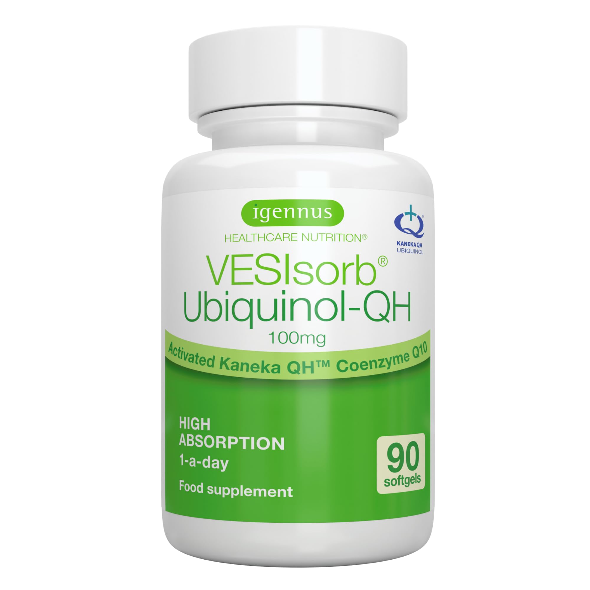 VESIsorb Ubiquinol 100mg Kaneka, Ubiquinol Supplement Coenzyme Q10 Water-soluble Fast Action, Bioavailability 600% High Absorption, Increased Energy and Heart Health, 90 Capsules - Igennus