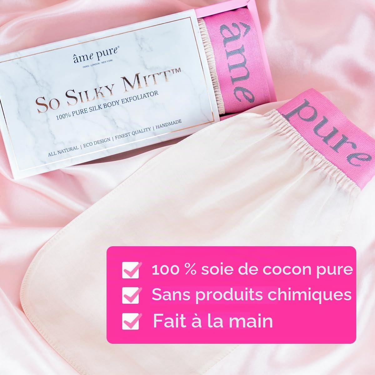 âme pure® So Silky Mitt™ Gant exfoliant en soie pure pour le corps - Gant pour peau lisse - Hammam