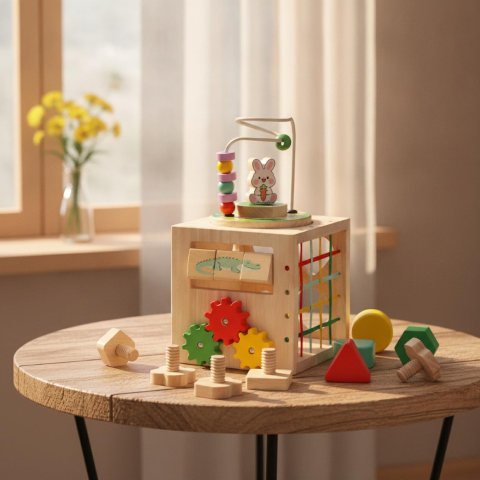 Lernspielzeug Holz Aktivitätswürfel Kinder Spielwürfel Motorikwürfel Perlenlabyrinth mit Stecktafeln Und Drehfunktionen Sichere Große Elemente für Vorschule Kinderzimmer Geschenk