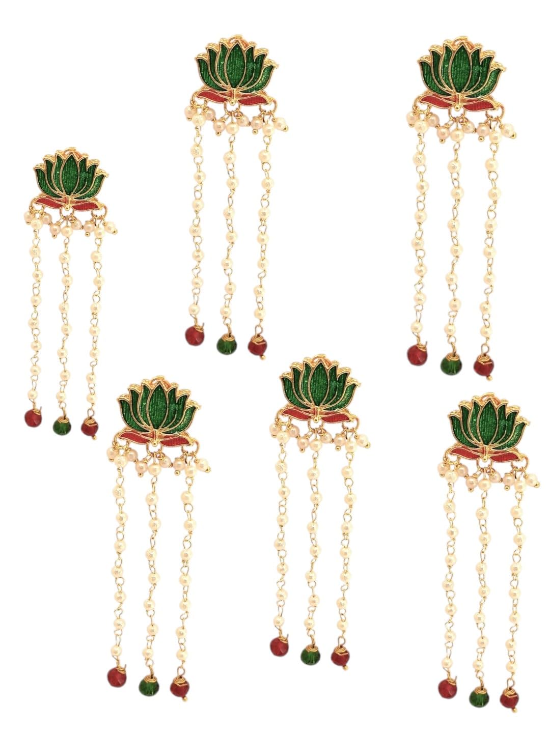 Femmibella Set Of 6 Gold Plated Green Lotus Meenakari U Pin Head Jewellery For Women and Girls-image-16