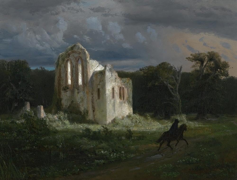 Arnold Böcklin 36x28 Extra Large Black Modern Framed Art Print Titled: Moonlit Landscape with Ruins (Moonlit Landscape) (1849)