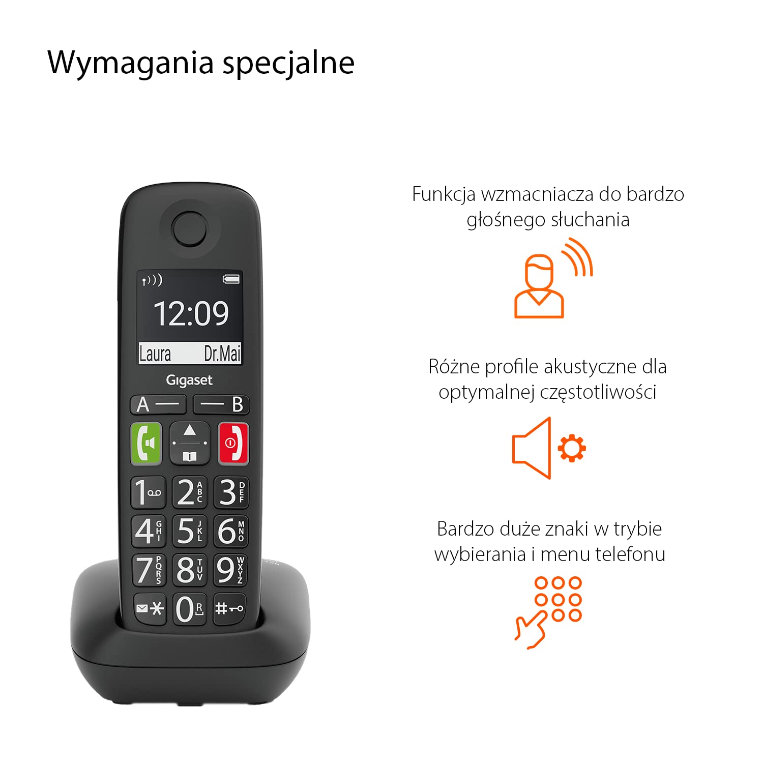 Gigaset E290 - Bezprzewodowy Telefon Dla Seniorów Bez Automatycznej Sekretarki Z Dużymi Przyciskami - Duży Wyświetlacz, Przyciski Szybkiego Wybierania Ważnych Numerów, Czarny