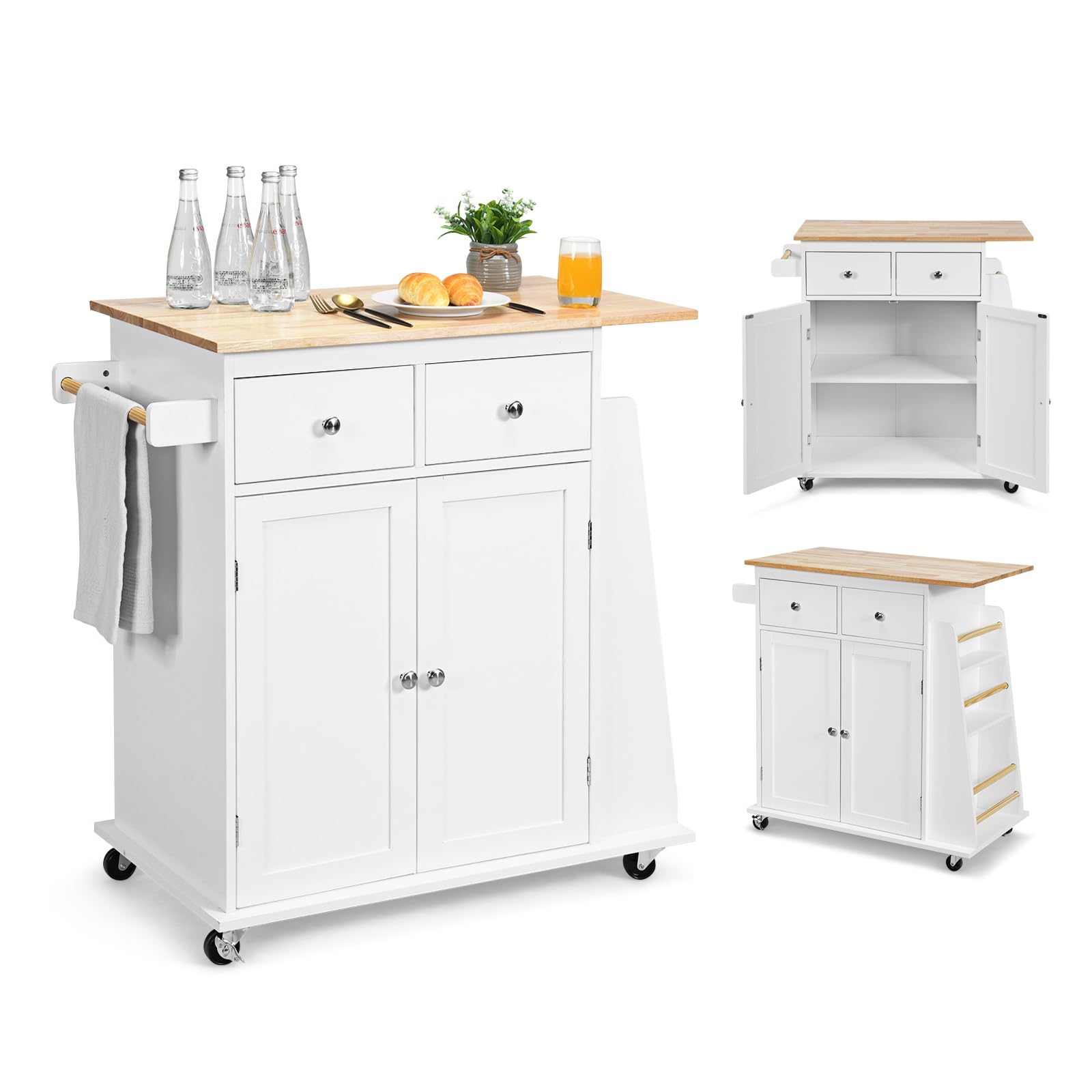KOMFOTTEU Carro de Cocina con Encimera de Madera Maciza, Carrito Auxiliar con Estante Lateral, 2 Cajones, Armario con Puertas, Isla de Cocina con Ruedas y Estante Ajustable, 88 x 46 x 90 cm (Blanco)
