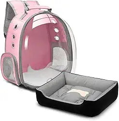 Kit Mochila Panorâmica + Cama Pet Confortável | Transporte e Descanso para Cães e Gatos Pequenos (Rosa)