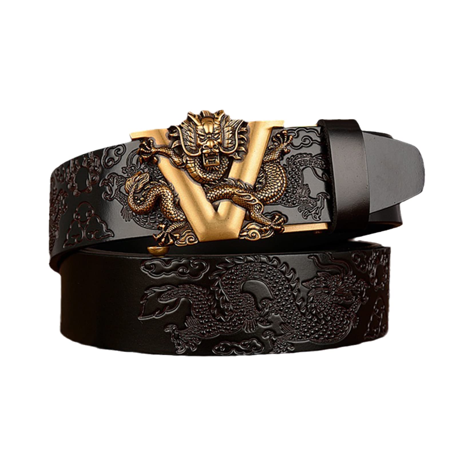 Cinturón De Trinquete Cuero Genuino For Hombre, Elegante Hebilla Metálica Con Dragón 3D, Automático Y Deslizante, 35 Mm Ancho, For Trajes Vestir Vaqueros Informales