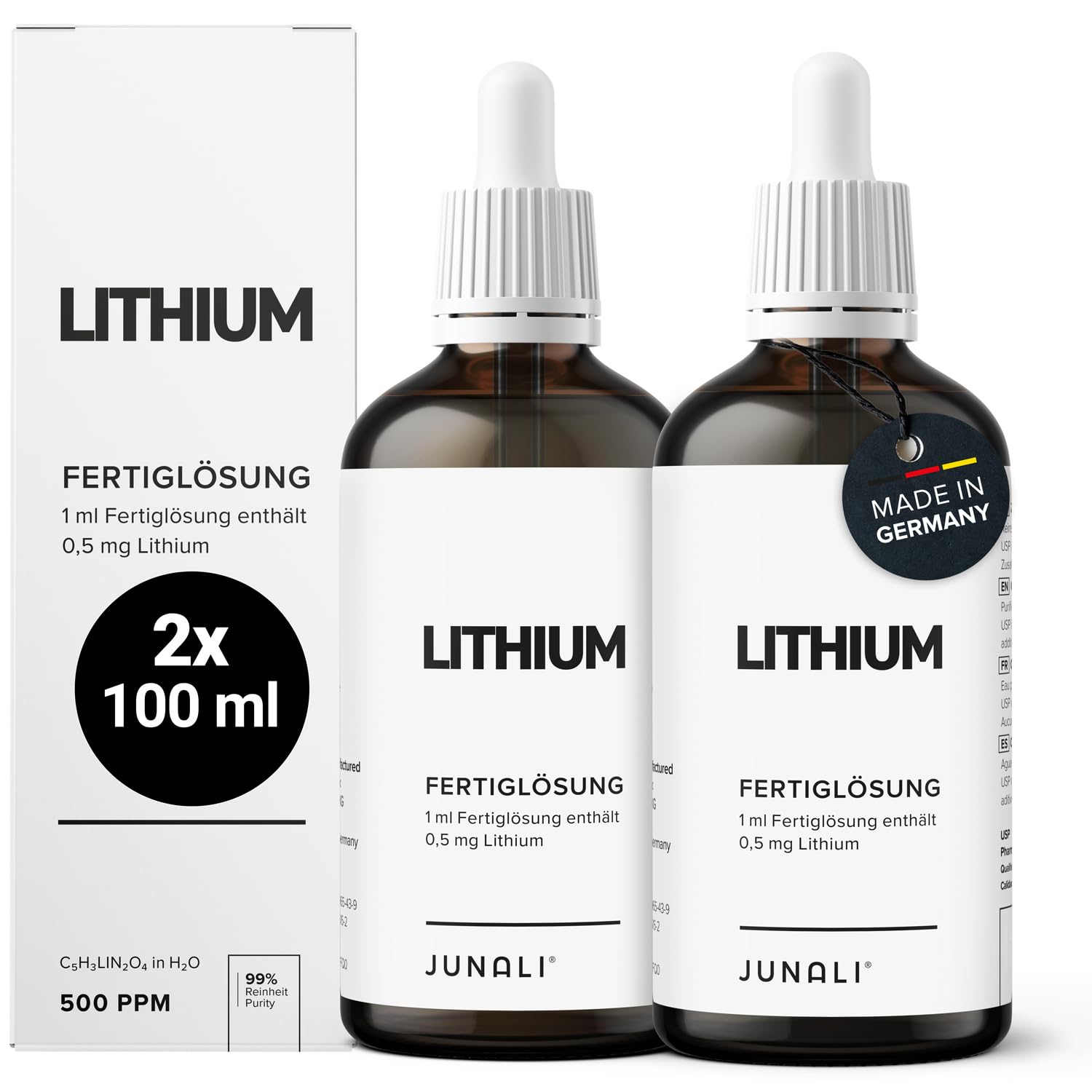 JUNALI® Litio, soluzione di litio puro (purezza: > 98,5%) e acqua pura, 1 ml di soluzione preriempita contiene 0,5 mg di litio = 500 ppm, 2 x 100 ml – Made in Germany