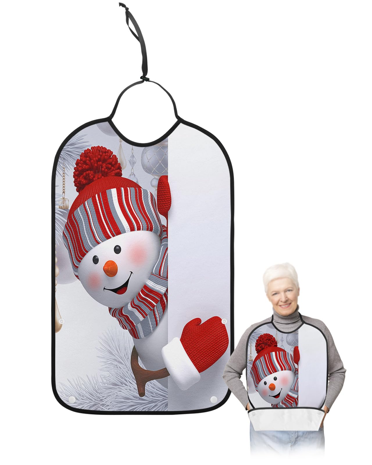 Adult Bibs for Elderly Women - Red Snowman Christmas Waterproof Dining Clothing Protectors with Crumb Catcher for Eating/Feeding, Gray Xmas Tree Winter Snowflake Terry Cloth Bib Machine Washable