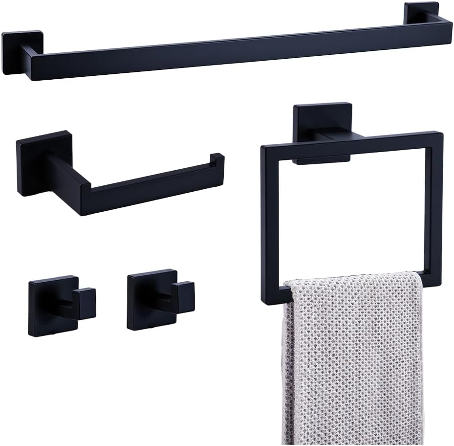 Matte Black Bathroom Accessories Set, 5-Piece SUS304 Stainless Steel Wall Mounted Bath Towel Bar Set, 16 Inch Towel Bar, Towel Ring, Toilet Paper Holder, Two Towel Hooks