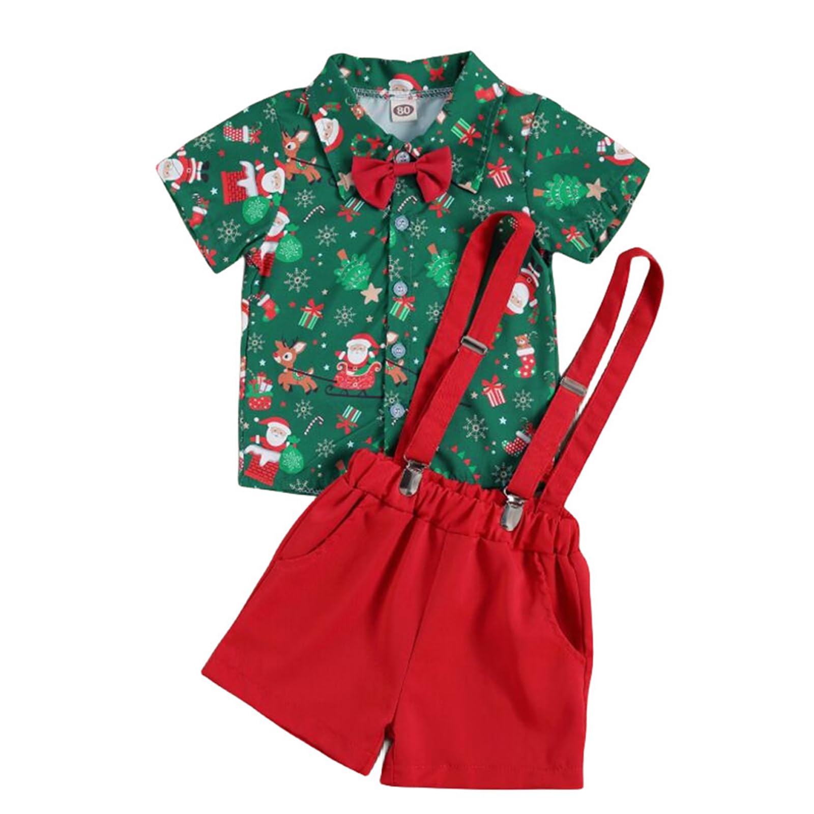 Toddler Baby Boy Christmas Outfits Gentleman Suit Set Button Down Shirts and Suspender Pants Shorts Holiday Clothes (Santa Suspenders Shorts Green, 120/4-5T)