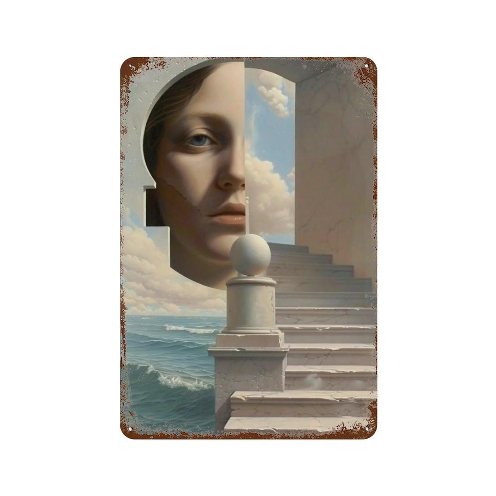 WIHYRTUI Dreamlike Surreal Step & Ocean Composite Scene 04 Wall Retro Iron Metal Tin Sign Vintage Art Poster Modern Home Cofffee Club Art Bar Shop Decor Style 30x20cm