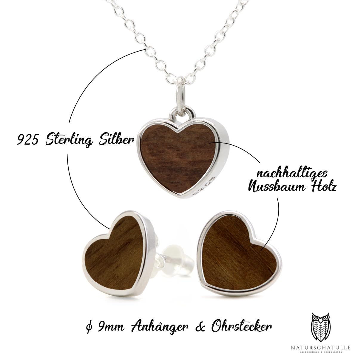 NaturSchatulle Holzschmuck Set Ohrringe Halskette Herz 9mm Damen Holzohrringe 925 Silber Nussbaum Holz Ohrstecker Schmuck