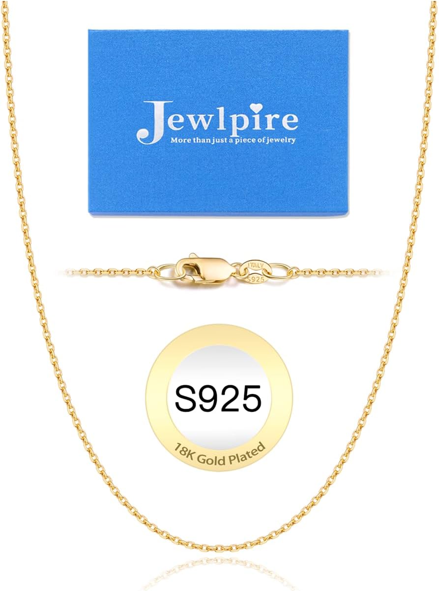 18k Gold Plated 925 Sterling Silver Chain Necklace for Women, 1.3mm Thin & Dainty & Sturdy Cable Chain Necklace Women's Chain Necklaces 14/16/17/18/20/22/24 Inch