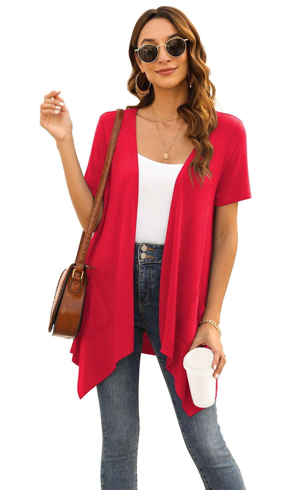 Floral Short Sleeve Cardigans for Women Casual Drape Open Front Lightweight Summer Cardigan with Pocket High Low Hem