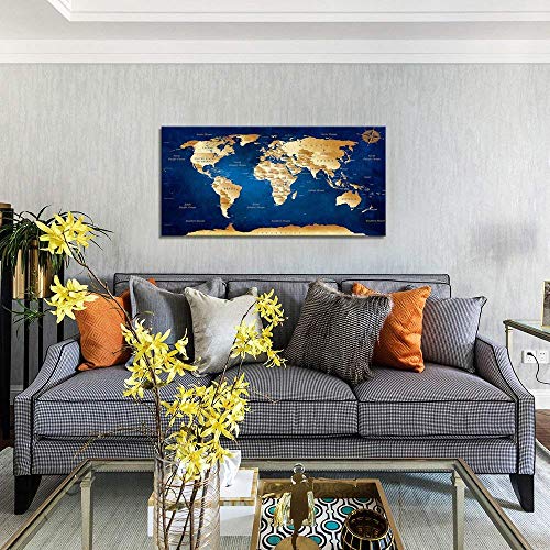 Wall Art Blue Map Of The World Painting Ready To Hang -24" X 48" Pieces Large Framed Wall Art World Map Canvas Art Map Wall Decorations Artwork Prints For Background For Home(24Inx48In) #TOP6