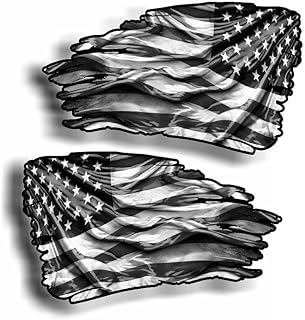 American Flag Tattered Decal Set, Distressed Vinyl Stickers, Full Color and Black White Options, 2-Piece (3"x6" Two Pack B/W)