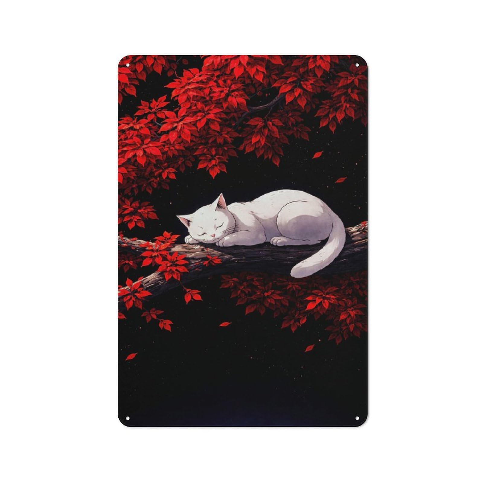 Junmoney Style-3 Vintage White Cat Sleeping On A Branch Vintage Metal Sign 30X20cm, Restaurant Wall Art For Takeaway, Bar, Kitchen Or Counter Area