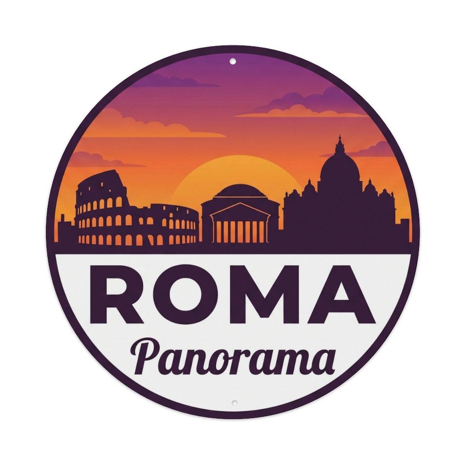 Rome European Skyline Classic Panorama Europe Destination Metal Tin Sign Plaque Wall Decor for Cafe, Man Cave, Club Bar, Office, Home Garden Round Metal Poster 8x8Inch