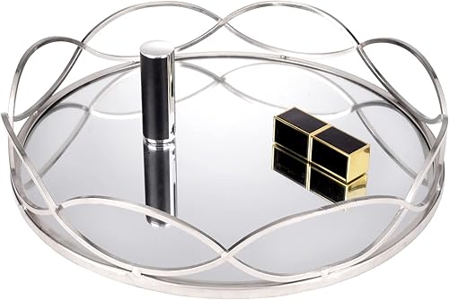FUIN Bandeja de perfume de espejo de metal redondo de 12 pulgadas, para baño, maquillaje, tocador, joyería, plata