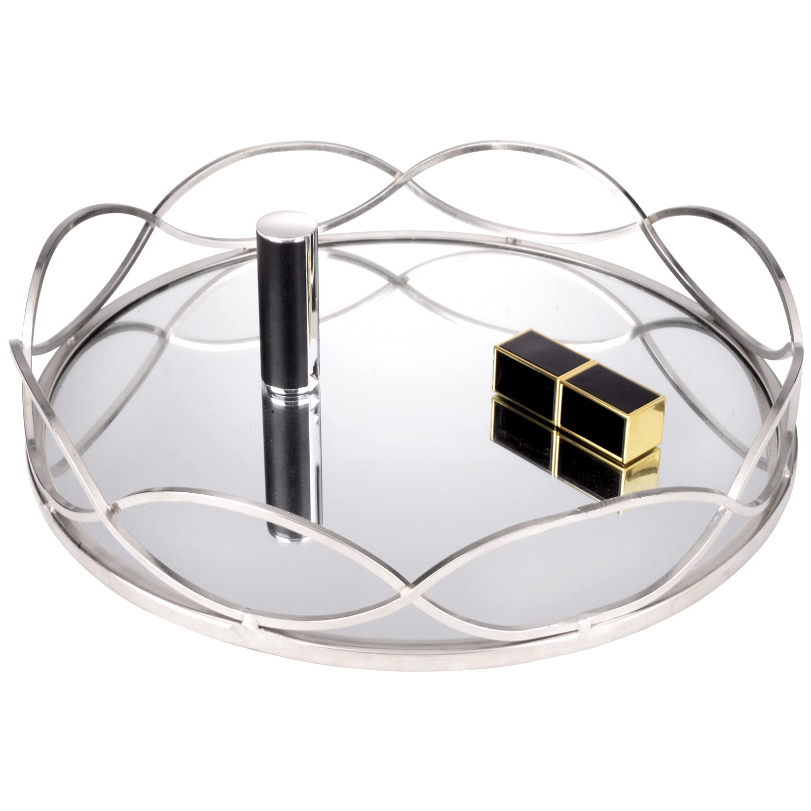 FUIN 12" Round Metal Mirror Perfume Tray, for Bathroom Makeup Vanity Jewelry, Silver