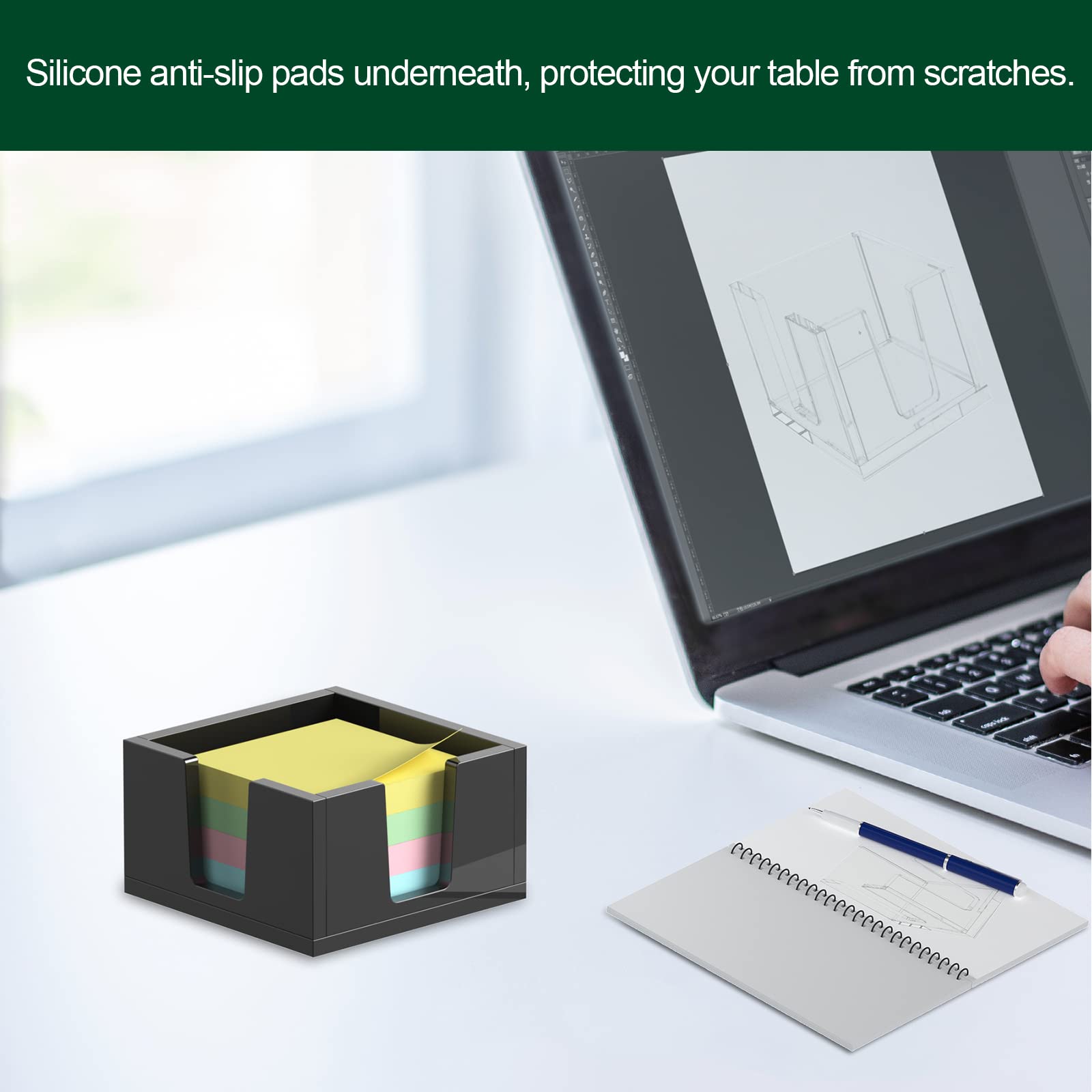 Soporte acrílico para notas adhesivas, soporte para bloc de notas autoadhesivo sin blocs – Dispensador de notas, organizador de escritorio para escuela, oficina, hogar (3 x 3 pulgadas, negro)