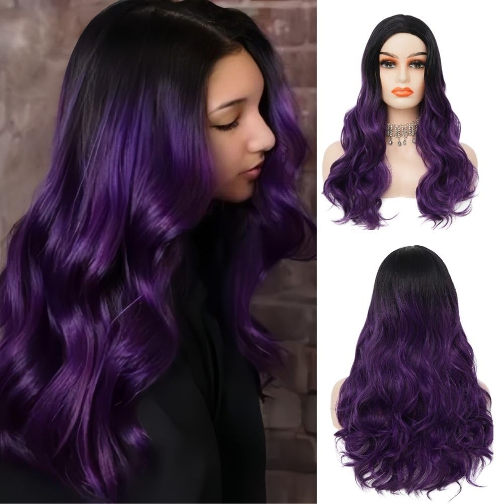 SiudusPurple Ombre Womens Long Wavy Wigs Synthetic Natural Curly Black and  Purple Wig for Halloween Daily Use