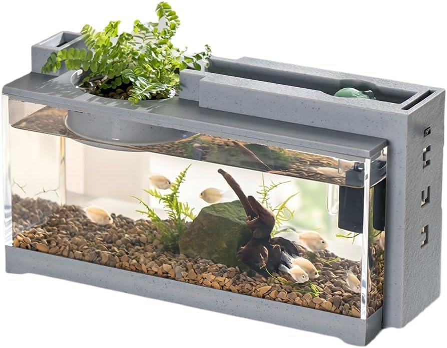 Small USB Powered Fish Tank for Betta &Tropical Fish 31.5x13x16.5cm with LED Light Air Pump & Hydroponics Pot Compact Decorative Aquarium Tank Small for Home Office