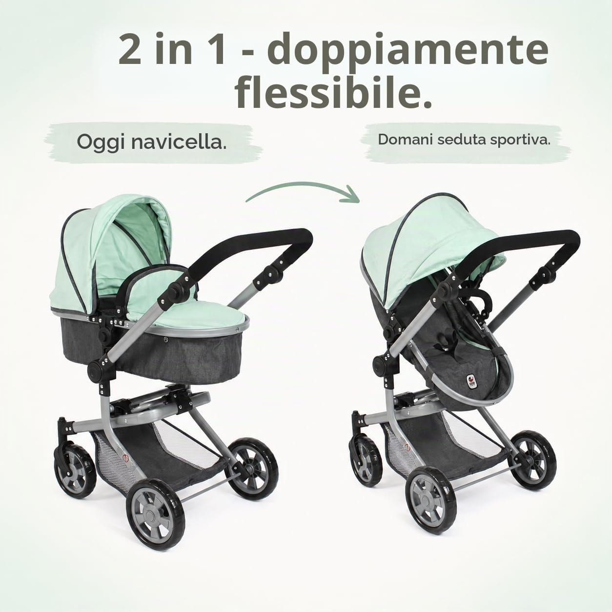 Bayer Chic 2000® Passeggino per bambole Mika 2 in 1, Melange Minta, pieghevole, manico regolabile in altezza 47-80 cm, telaio moderno, bambole fino a 52 cm, 4-8 anni
