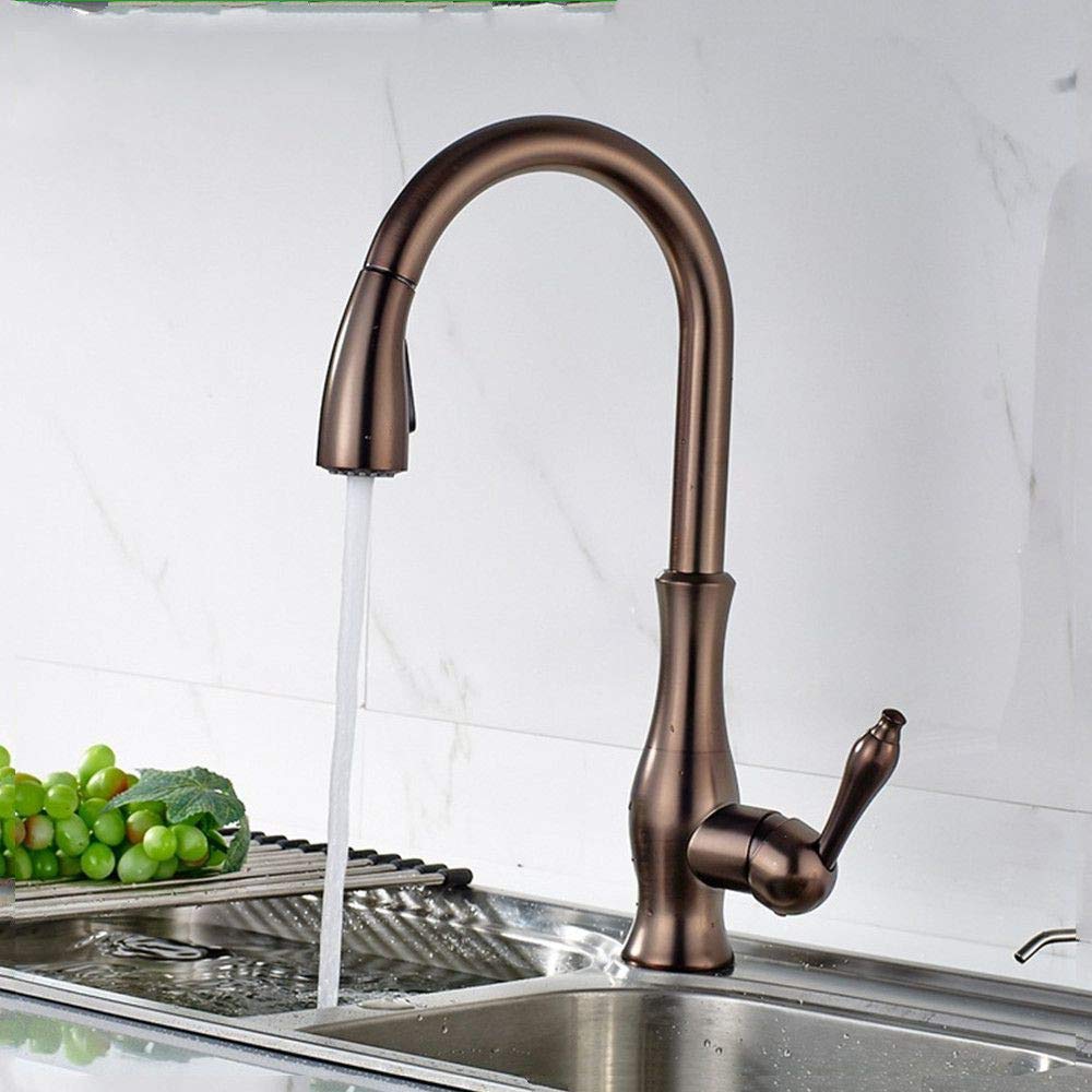 Todo El Grifo De La Cocina De Cobre Rojo Marrón Único Orificio De Caliente Y Frío Del Grifo Del Mezclador Se Puede Girar Y Sacó La Cabeza De Spray De Cocina Grifo Del Fregadero.