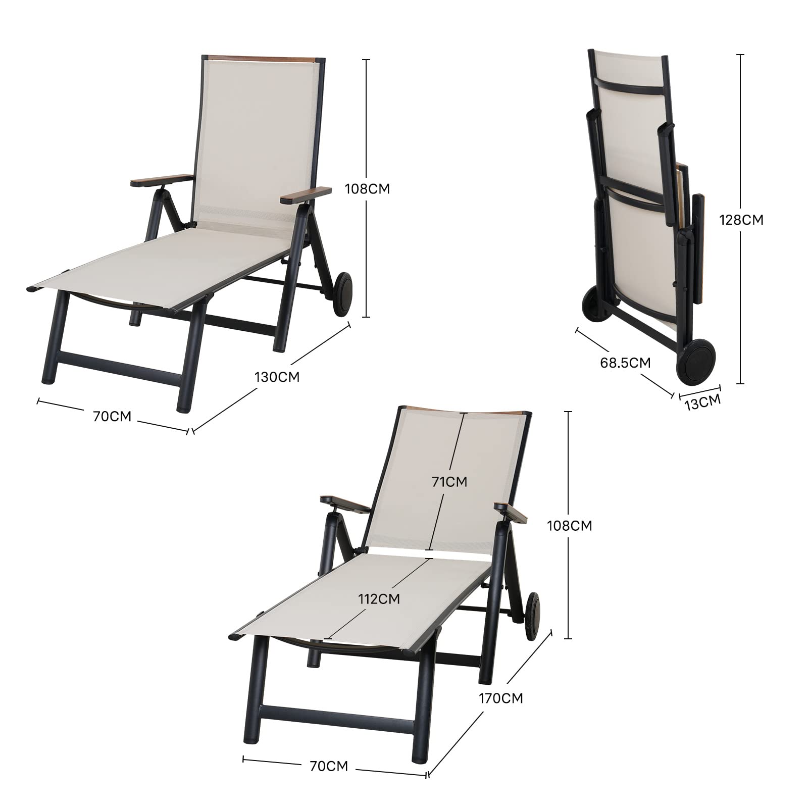 Grand patio Lettino Prendisole con 2 Ruote, Pieghevole Lounger in Alluminio, Regolabili in 6 Posizioni con Braccioli Robusti, Sedia Reclinabile da Giardino per Spiaggia, Patio, Piscina, Prato(Nero)