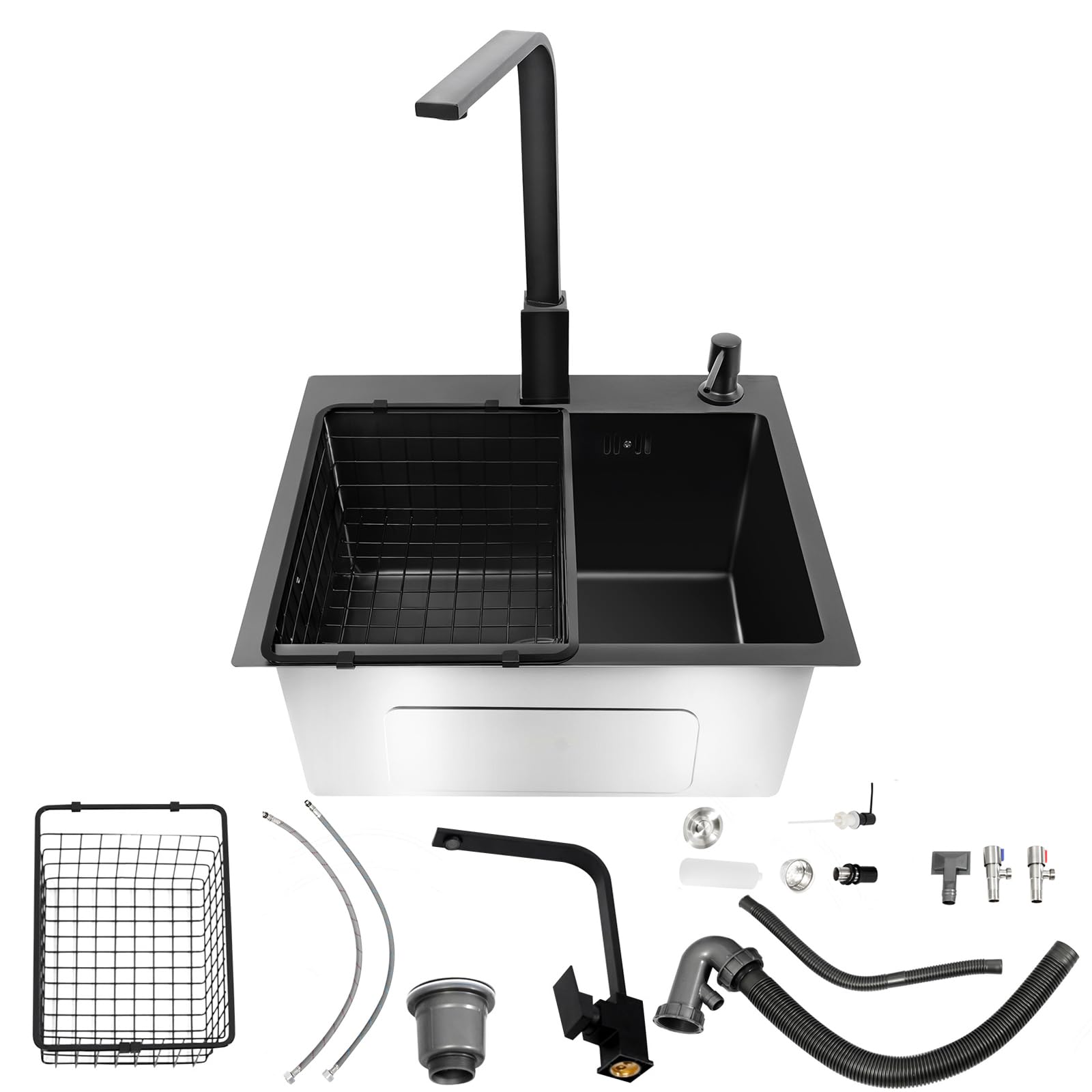 Fregadero de acero inoxidable 45 x 40 cm, fregadero negro con grifo giratorio 360°, fregadero de cocina 1 seno, fregadero empotrable, incl. tubo de drenaje, dispensador de jabón, cestillo colador