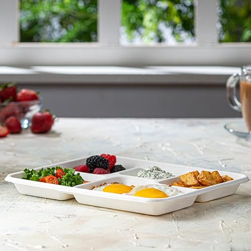 Miniatura 3 de GUSTO Caja de 500 platos desechables de 5 compartimentos 100% compostables, platos de papel de 10 pulgadas, bandejas ecológicas de caña de azúcar