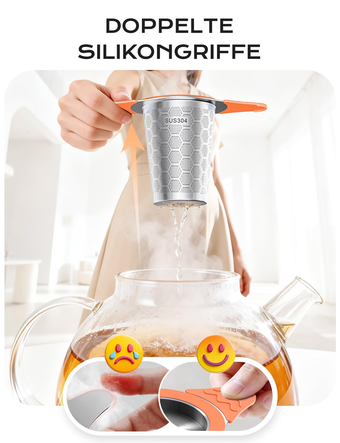 Yomanta Sitko do herbaty sypkiej ze stali nierdzewnej 304, sitko do herbaty z pokrywką i silikonowym uchwytem, filtr do herbaty 0,4 mm, drobne oczka, pomarańczowe